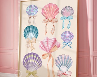 Seashells With Bows Art Print, Coastal Cowgirl Dorm Decor (UNFRAMED)