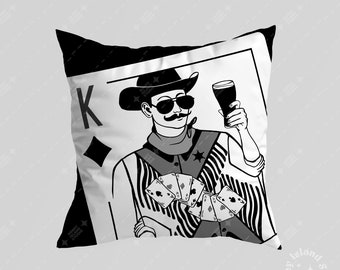 King Of Aces Throw Pillow Negro/Blanco, Almohada de tiro cuadrado, Cerveza vaquera, decoración de naipes de póquer fresco occidental