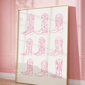 Bottes de cow-girl, imprimé western minimaliste rose, impression de botte de cow-boy, affiche d'art murale minimaliste du sud, sans cadre