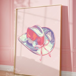 Cowgirl Coquette Bow pink Cowgirl hat western wall art dorm decor girl room wall poster printed poster trendy poster iridescent cowgirl hat
