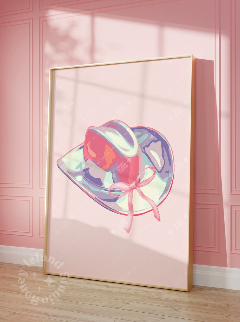 Cowgirl Coquette Bow pink Cowgirl hat western wall art dorm decor girl room wall poster printed poster trendy poster iridescent cowgirl hat