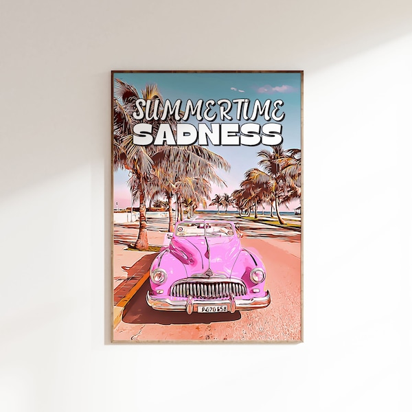 Summertime Sadness Poster, Lana, Dorm Decor, Pink Girly Prints, Retro Vintage Car, Preppy Room Decor, Indie Room Decor, Groovy Y2k,