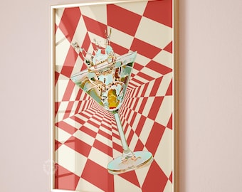Retro Martini Print, Red Checkered Cocktail, Funky Preppy Wall Art, UNFRAMED
