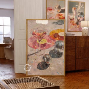 Martini wall art, Disco ball poster, Bar cart prints, Light pink wall art, Disco poster, Bar cart decor, Cocktail Oil Painting art, UNFRAMED