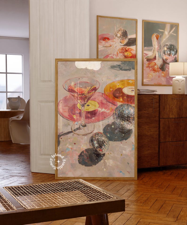 Martini wall art, Disco ball poster, Bar cart prints, Light pink wall art, Disco poster, Bar cart decor, Cocktail Oil Painting art, UNFRAMED