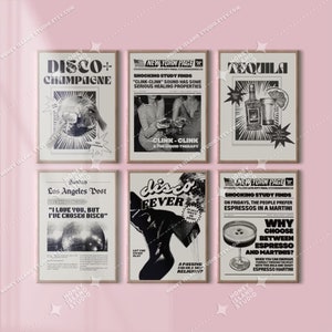 Set of 6 Disco Tequila Prints, Trendy Gallery Wall, Retro Bar Prints, Disco & Tequila, Wall Poster, Dorm Room Decor, Newspaper Wall Art