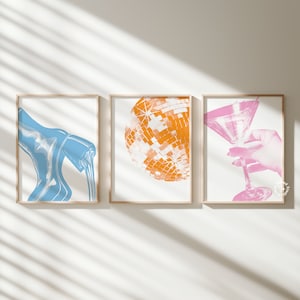 3er Set Disko Prints, Disco Martini Mode Funky Prints, Groovy Poster, Wohnheim Dekor, Preppy Wanddekoration, digitaler Download