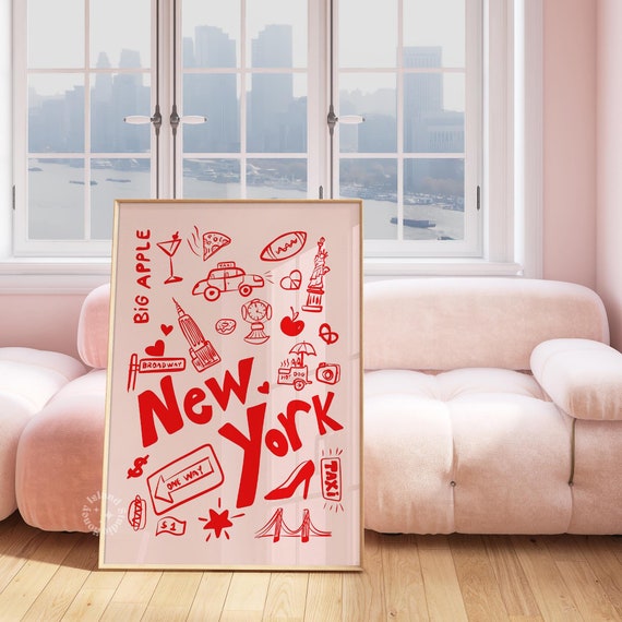 New York Doodle Art Print: Pink Big Apple Poster (UNFRAMED) - Etsy