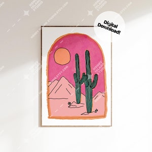 Pink Cactus Printable Wall Art,  Vintage Saguaro Cactus,  Arizona Sunset Wall art, Western Print, Saguaro Illustration, Boho cactus prints
