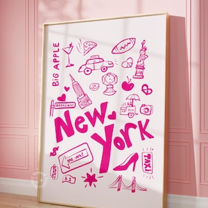 Impression de doodle de New York affiche rose de New York grosse pomme doodle art décoration de dortoir décoration d'appartement décoration murale esthétique tendance sans cadre