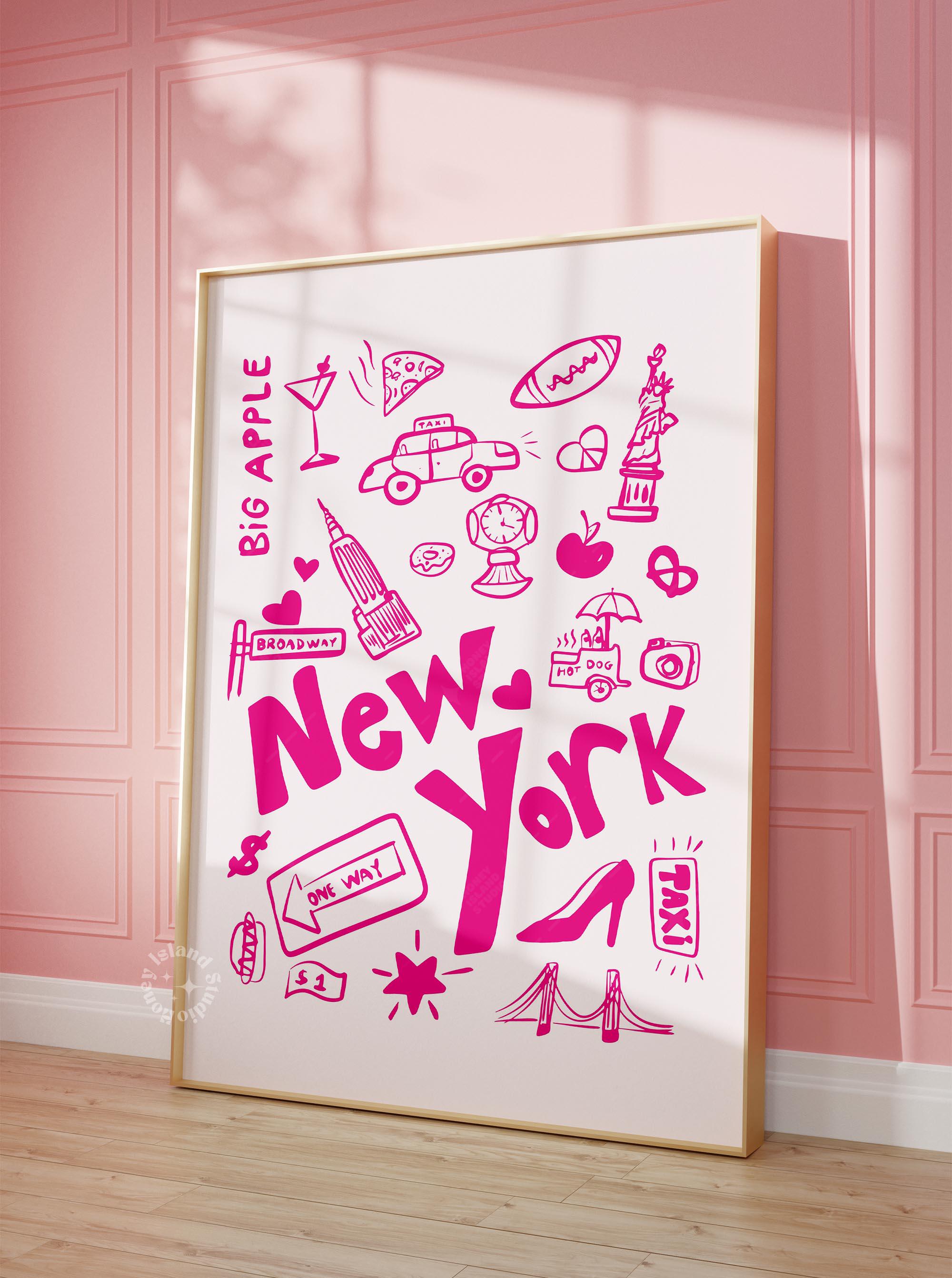 New York Doodle Art Print: Pink Big Apple Poster (UNFRAMED) - Etsy