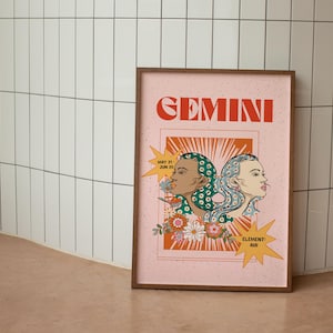 Gemini Poster, Zodiac Gemini Print, Retro Wall Decor, Digital Download Print, Large Printable Art, Gemini Downloadable Prints