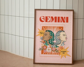 Retro Gemini Zodiac Print, Colorful Astrology Wall Decor (Digital Download)