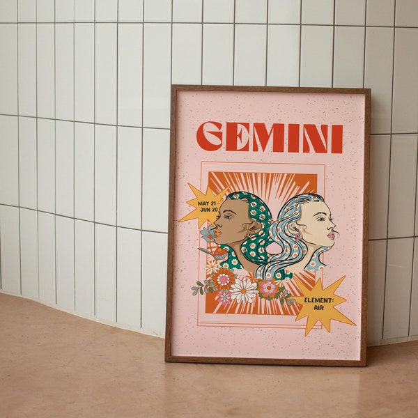 Gemini Poster, Zodiac Gemini Print, Retro Wall Decor, Digital Download Print, Large Printable Art, Gemini Downloadable Prints