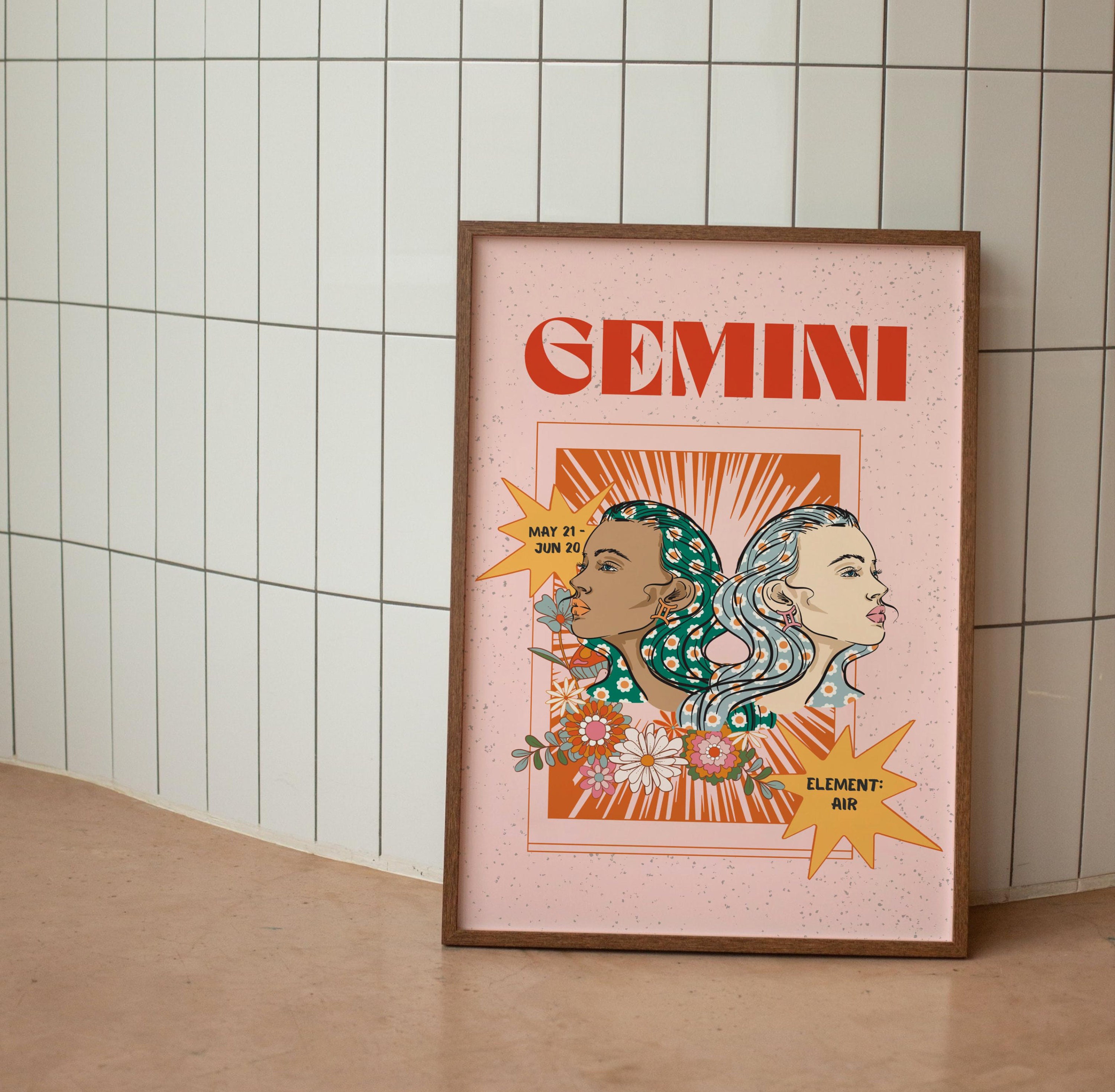 Retro Gemini Zodiac Print, Colorful Astrology Wall Decor (digital