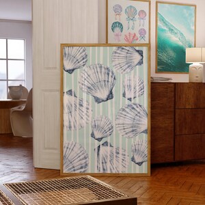 Seashell Wall Art Coastal Print – Blue Stripe Beach Decor | Nautical ...