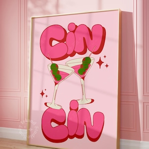Bar cart Print, Martini cocktail Print, alcohol drink poster, Funky Girly Decor, Retro aesthetic, cin cin poster, trendy wall art UNFRAMED