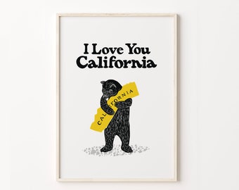 California Bear Hug Print Yellow, California Bear Illustration, Poster, Instant Download, Printable Art, Living room decor, surf art