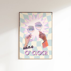 Wine O'Clock Print, Cocktail Digital Art, Blue Funky Wine Art, Trendy Funky Bar cart, Alcohol Print, Retro Bar Car Prints, Digital Download