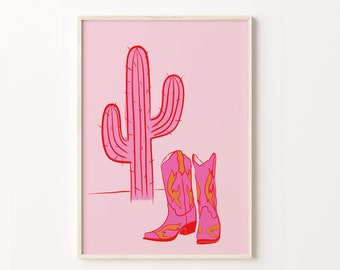 Pink Cactus and Cowgirl Boots Art Print (Digital Download)