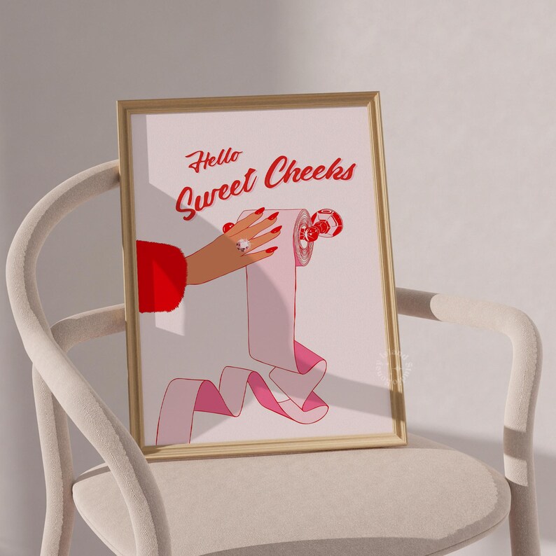 Cute Restroom Prints, Hello Sweet Cheeks Print, Wall Art, Restroom Decor, Girly Pink Prints, Retro Art Print, Vintage vibes, UNFRAMED
