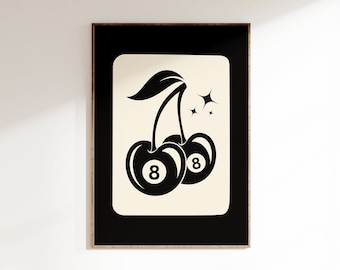 Op de afbeelding: Zwart-witte illustratie van twee kersen met het nummer 8 op elk. De kersen hebben stelen en bladeren. Er zijn twee kleine sterren boven de kersen.