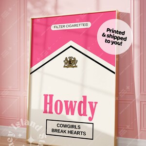 Retro Howdy Print, Cowgirl Prints, Pink Cigarette Pack Print, Western Poster, Preppy Dorm Decor, Bar cart wall art, Howdy Cowgirl Pint,