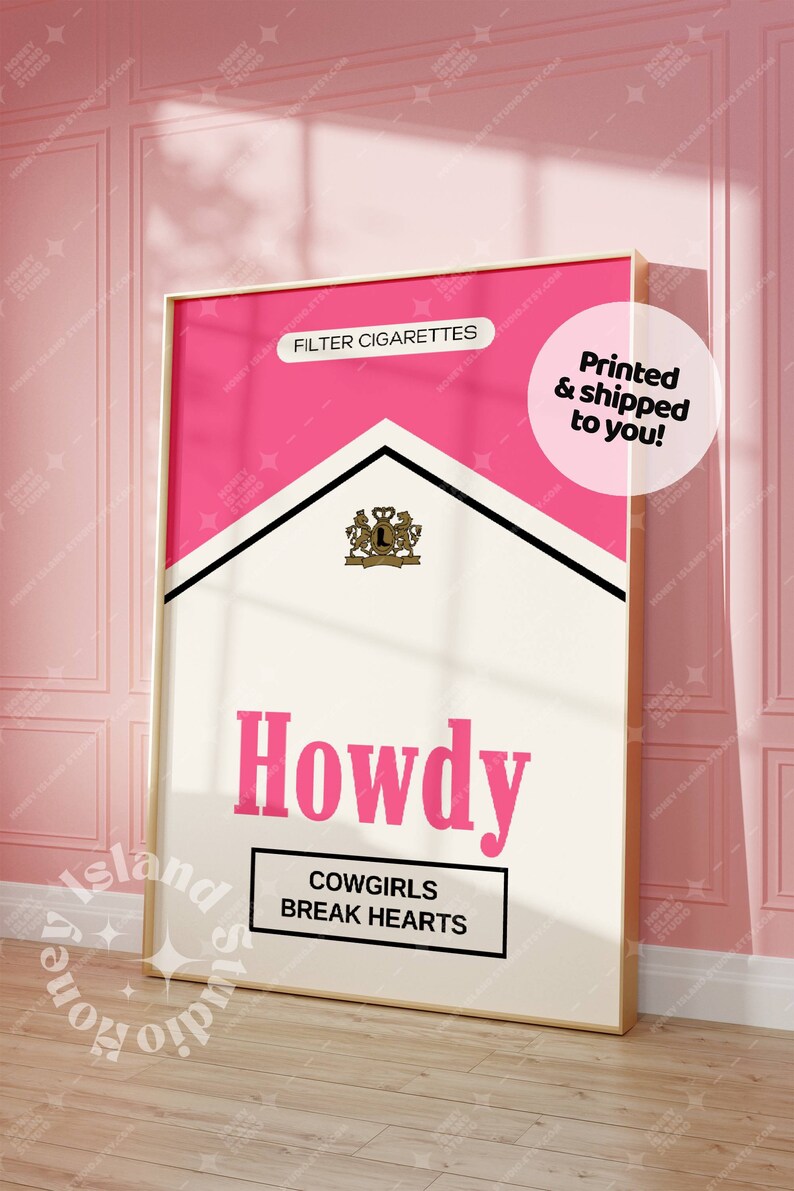 Retro Howdy Print, Cowgirl Prints, Pink Cigarette Pack Print, Western Poster, Preppy Dorm Decor, Bar cart wall art, Howdy Cowgirl Pint,