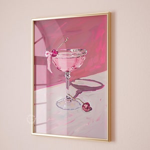 Cocktail painting print, Coquette bar cart trendy wall prints, Vintage wine Print, retro wall art pink girly prints, UNFRAMED