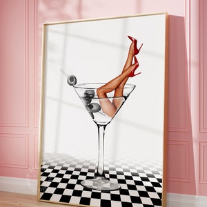 Retro Funky Martini Cocktail Print, Martini Stiletto Cocktail Poster, Bar Cart Wall Art, Retro Cocktail Wall Art, Digital Download,