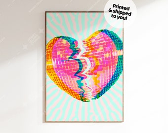 Broken Heart Disco Ball Poster, Groovy Disco Poster, Trendy Broken Heart heart Print, Funky Dorm Decor, Y2K decor