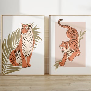 Set of 2 Tiger Print, Burnt Orange Decor, Tropical Tiger Palms Printable Wall Art, Modern Poster, Minimalist Wall Decor, Boho Home Decor