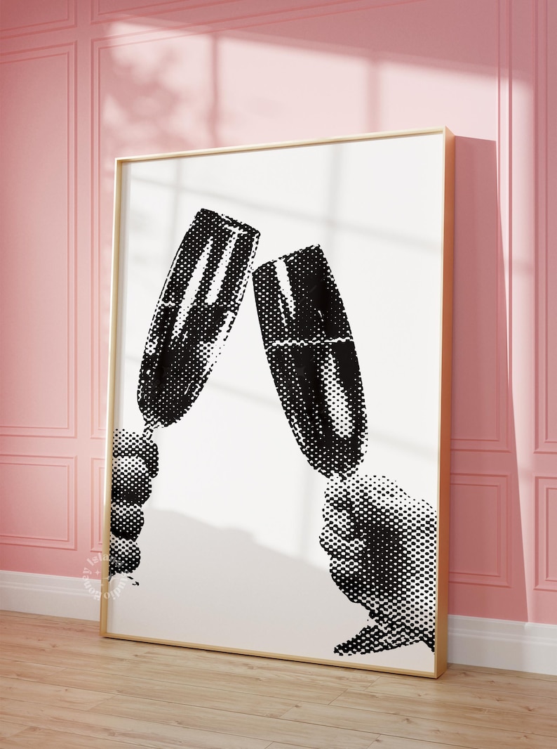 May include: Black and white illustration of two champagne flutes being clinked together. The image is in a halftone style.