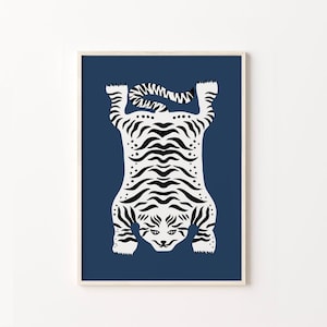 White Tiger Wall Art Print, Navy Tiger Printable Art,  Tiger Navy Blue Decor, Tiger Printable Art, Bohemian Poster