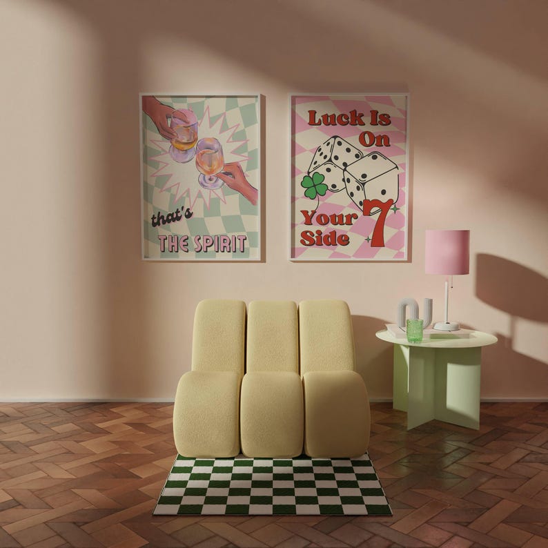 Set of 2 prints with Luck is on your side print with checkered background, dice, lucky 7 , and green clove. Print 2 has sage green checkered background, two glasses of wine,  champagne, cheers, with vintage font, that's the spirit.