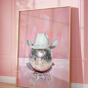Cowgirl Hat Disco Ball Painting Poster, Pink Western print, White cowgirl hat print, Disco ball Decor, Disco wall art, UNFRAMED