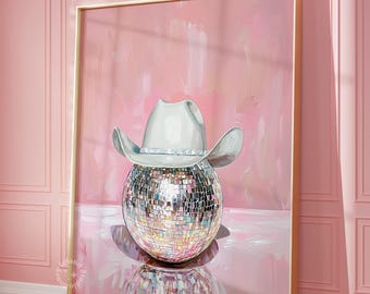 Pink Cowgirl Hat Disco Ball Painting: Western Wall Art (UNFRAMED)