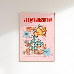 Affiche imprimée Verseau, signe du zodiaque Verseau, décoration murale rétro, impression téléchargement numérique, grande oeuvre d'art imprimable, Verseau téléchargeable