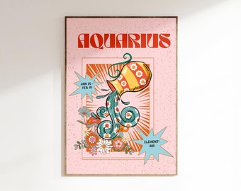 Retro Aquarius Zodiac Print, Large Printable Wall Art (Digital Download)