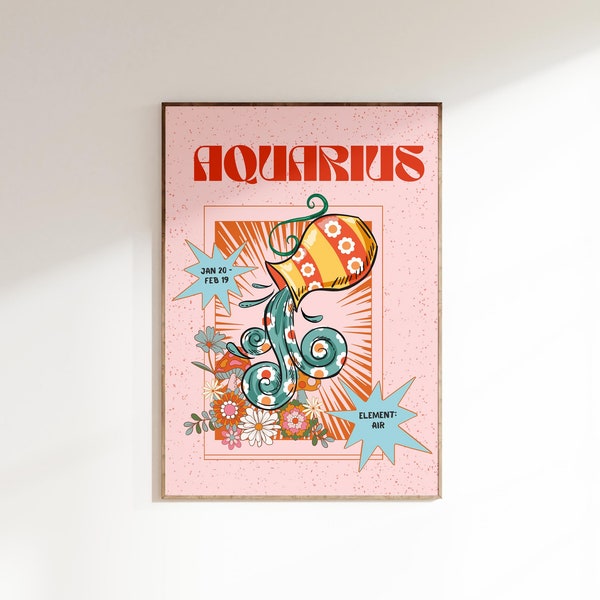 Aquarius Print Poster, Zodiac Aquarius Zodiac Sign, Retro Wall Decor, Digital Download Print, Large Printable Art, Aquarius Downloadable