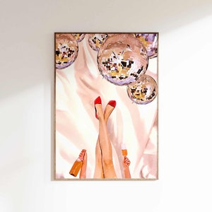 Stampa murale "Disco Champagne", carte e drink per una serata di poker al femminile, stampa digitale retrò scaricabile, grande arte stampabile, decorazione per dormitorio in stile discoteca.