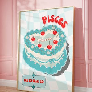 Pisces Cake Poster, Zodiac Pisces Cake Print, Retro Wall Decor, Digital Download Print, Large Printable Art, Pisces Cake Downloadable Prints
