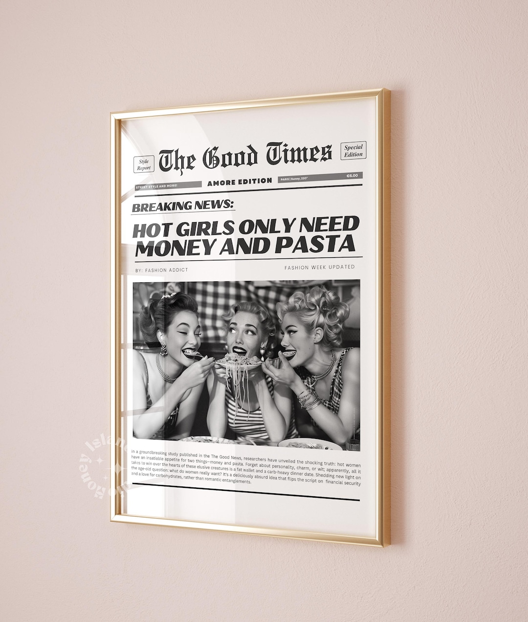Retro Newspaper Print | Hot Girls, Money & Pasta (digital Download