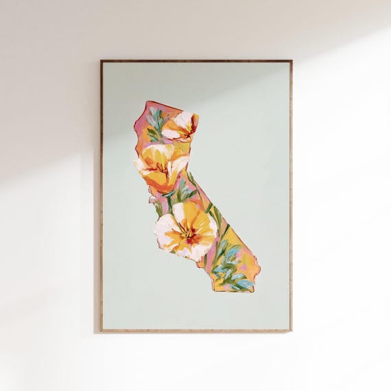 California Poppy Map Art Print | State Flower Poster (Unframed)