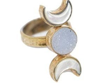 The GODDESS Ring • Triple Moon Goddess Adjustable Ring • Crescent Moon Ring • Celtic Sterling Silver Ring • Brass Witchy Celestial Ring
