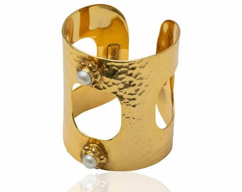 The AJA Bangle, Brass Cuff Bracelet,  Classic Bangle Bracelet, Boho Jewelry, Pearl Gold Bangle, Stacking Bangle, Goddess Cuff for Bridal