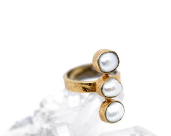 The TIGA Pearl Ring, Three Pearl Ring, Three Pearl Ring, Three Freshwater Pearl Ring, Crown Raw Pearl Ring, Sterling Silver Three Stone Ring