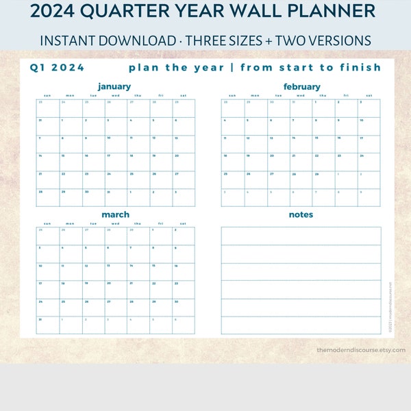 2024 Q1 to Q4 quarterly year wall planner + calendar | Instant PDF download | 90 day planner | Quarterly planning | Simple calendar