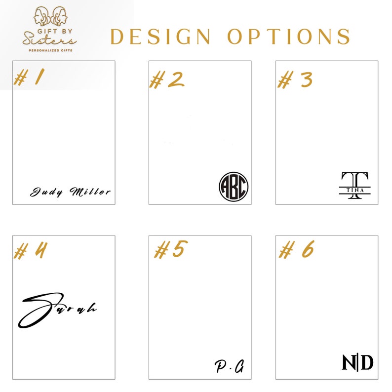 K&ouml;nnte beinhalten: Sechs Designoptionen f&uuml;r personalisierte Geschenke. Die Optionen umfassen einen Namen, ein Monogramm, Initialen und eine Unterschrift. Der Text "Gift by Sisters" befindet sich oben im Bild.