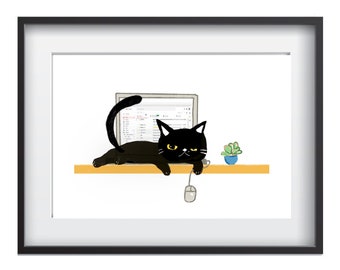 Funny cat print Laptop cat Cat print Cat lover gift Cat art Cat printable Cat decor Cat Wall Art Cat Home decor Mouse Digital prints